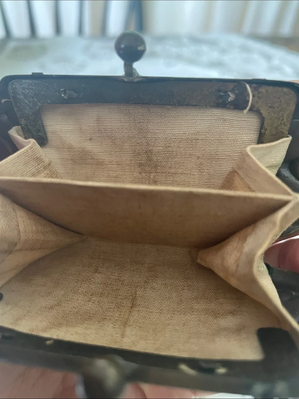 Art Nouveau Vtg Metal Coin Purse with Chain Coth Interior
